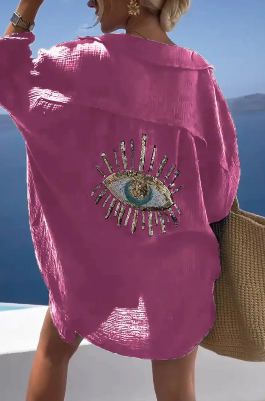 2025 Long Sleeve Loose Shirts Evil Eye Casual Sequin Beaded Shirt Spring Geometric Eye Top Turn-down Collar Button Long Blouse