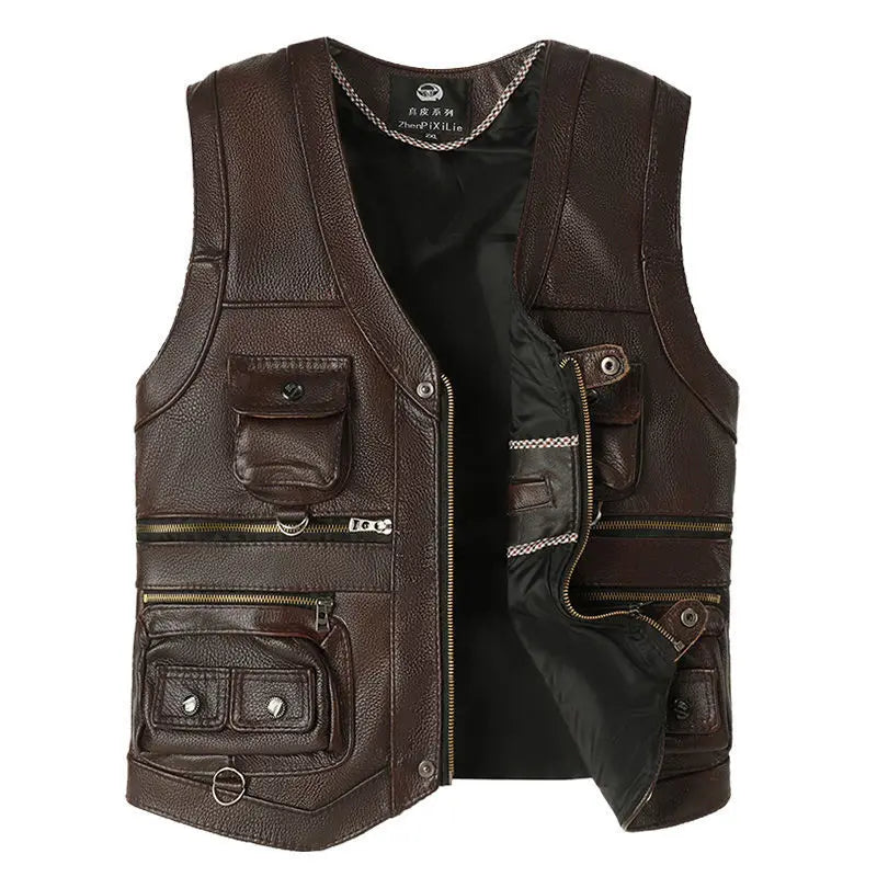 2024 Men Spring Autumn New Cowhide Genuine Leather Vest Mens Slim Fit Real Leather Waistcoat Male Multi Pocket Zipper Vest D372