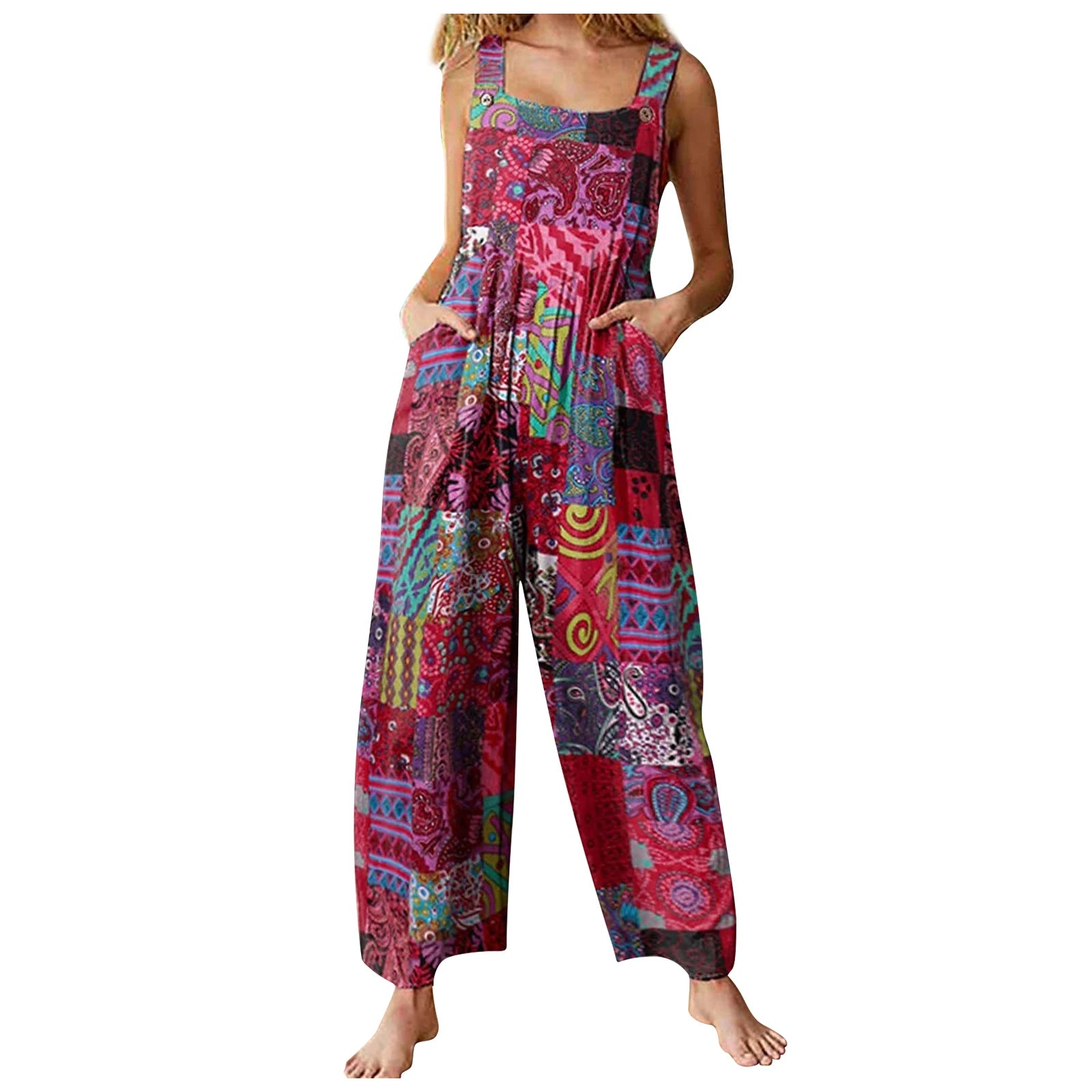 Women Jumpsuits Summer Overalls Multicolor Ethnic Style Square Neck Sleeveless Casual Rompers with Pockets for Girls Playsuit