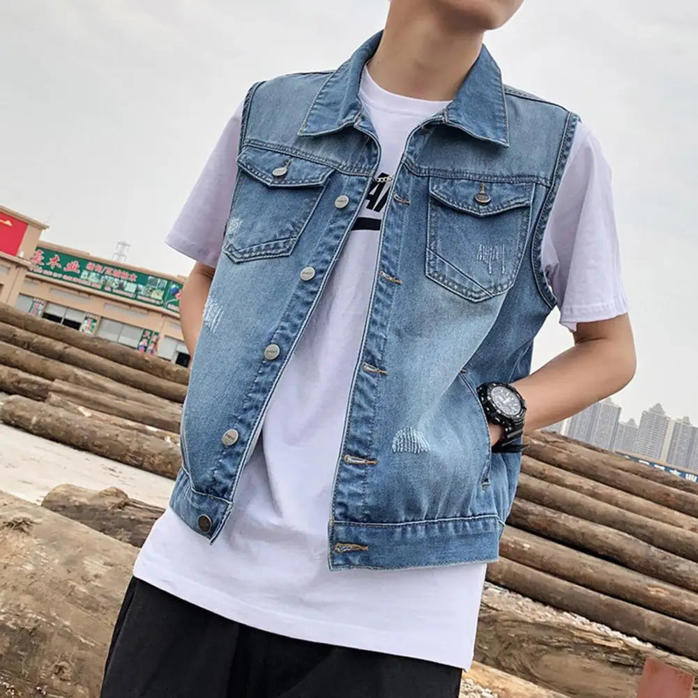 Denim Waistcoat Men's Sleeveless Denim Jacket with Ripped Holes Pockets Single Breasted Washed Waistcoat for Casual Loose Fit