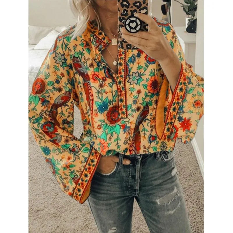 Bohemia Flower Printed Women's Blouse Flare Sleeve O-neck Casual Blouse Female New Autumn Fashion Ethnic Retro Ladies Shirt Tops