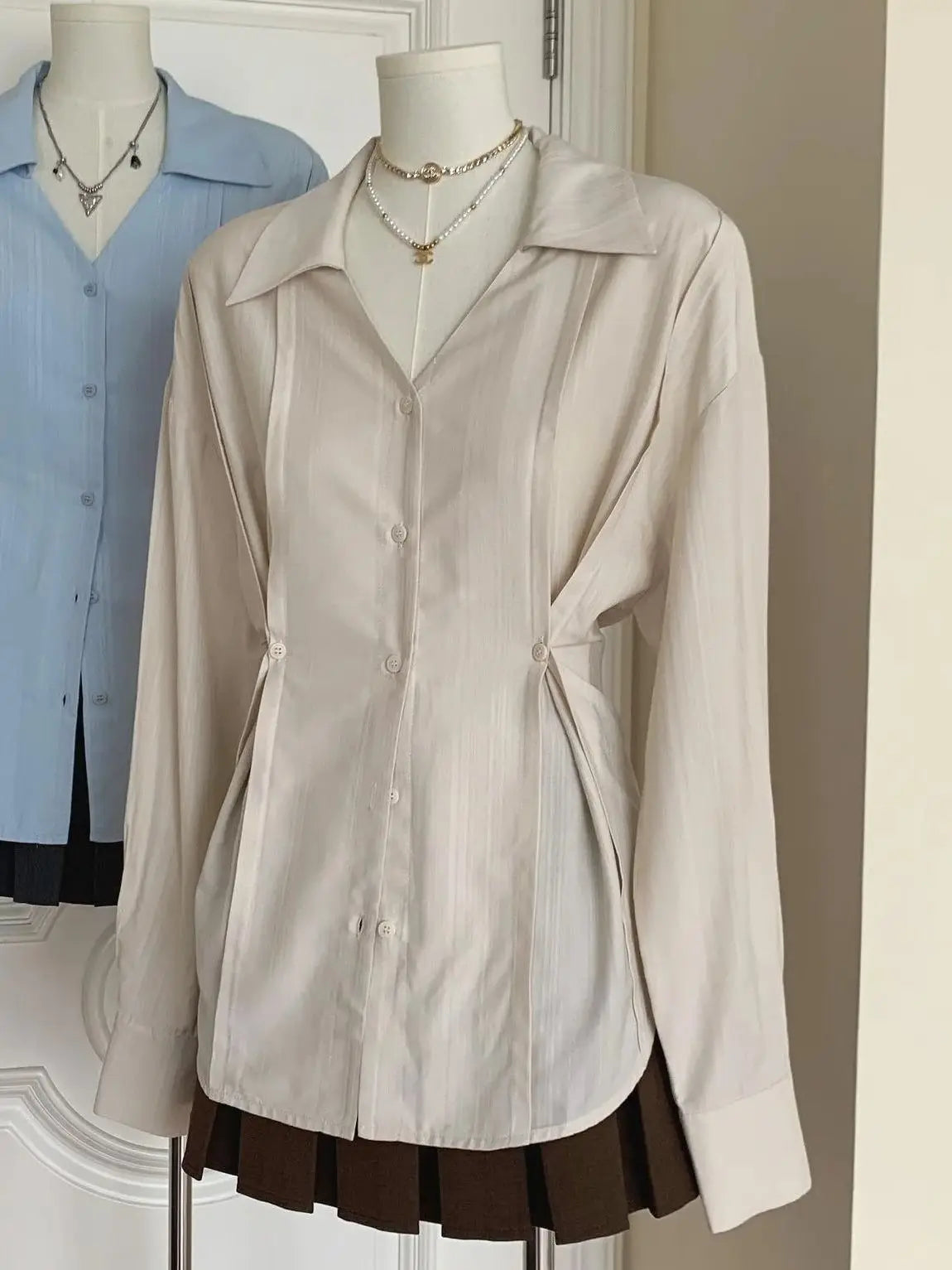Women's Maillard Blue American Vintage High Street Formal Dress Waist Shirt Design Sense Lapel Spicy Girl Button Shirt Top
